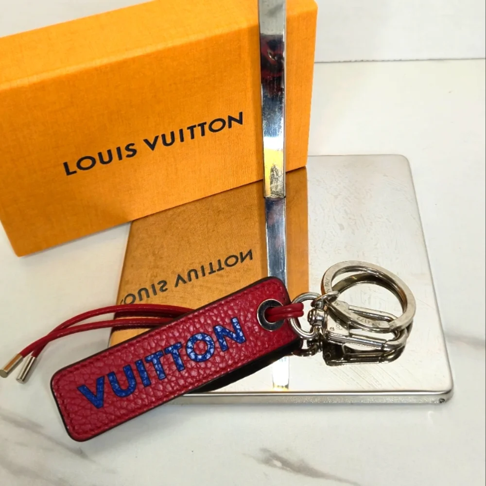 Louis Vuitton Taurillon Logo Tab Bag Charm Key Chain Leather Red Blue with Box - Picture 1 of 10